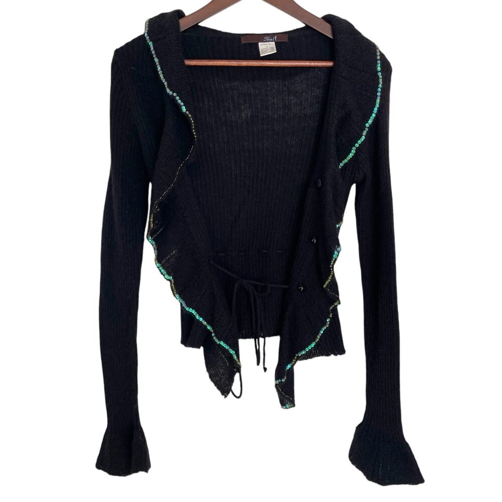 Vtg Y2K Tie Front Cardigan Sweater S Black Ruffle Beaded Trim Fairy Whimsy Goth